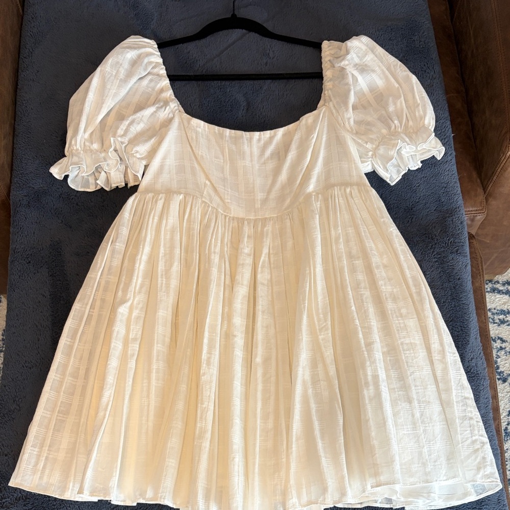 Lulus A Day in Paris White Square Neck Puff Sleeve Babydoll Dress, Size L